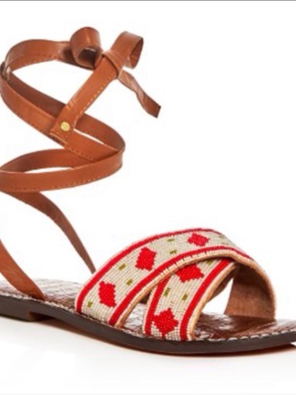 Sam Edelman Brown Leather Beaded Cross-Strap Sandals with Red & White Beading